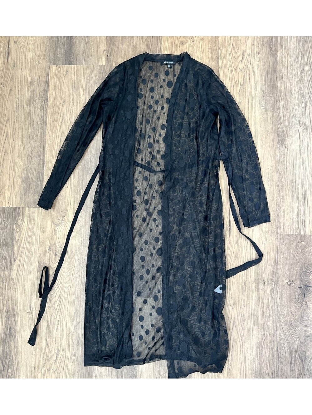 Love University Black Sheer Mesh Polka Dot Longline Duster Cardigan Robe - 1XL